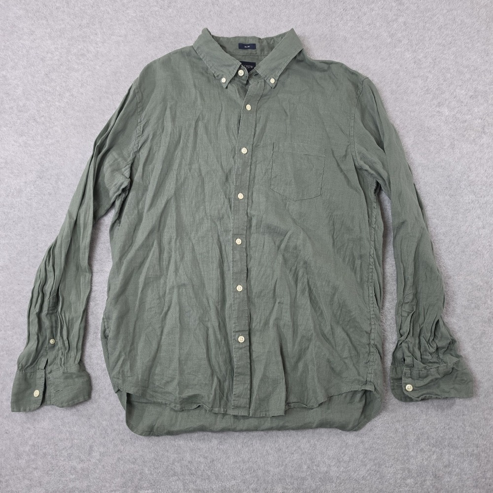 J.Crew Factory Sz XL Classic Linen-Blend Shirt Green L/S AL174 Preppy Button Up